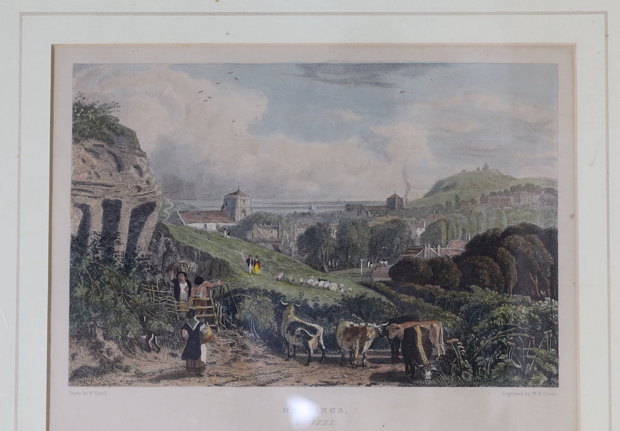 A collection of coloured and black and white engravings of Hastings, Lewes and environs